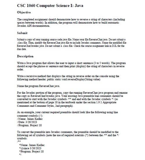 Solved CSC 1060 Computer Science I: Java Objective The | Chegg.com