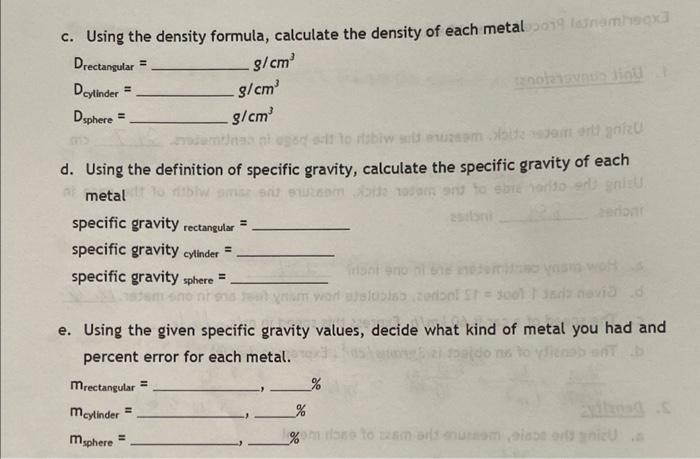 Solved c. Using the density formula, calculate the density | Chegg.com
