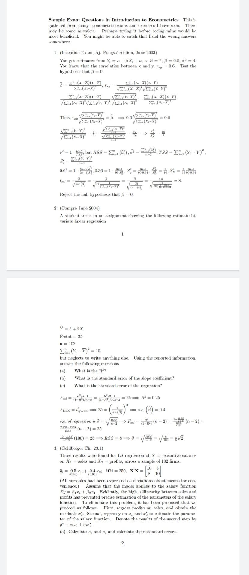 Solved Sample Exam Questions in Introduction to Econometrics | Chegg.com