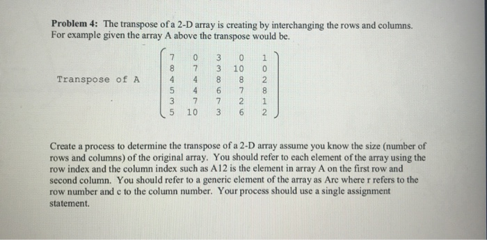 Problem 4: The transpose of a 2-D array is creating by interchanging the rows and columns. For example given the array A abov