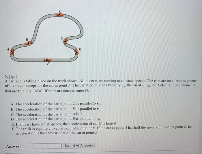 Solved B D 3. [1pt] A car race is taking place on the track | Chegg.com