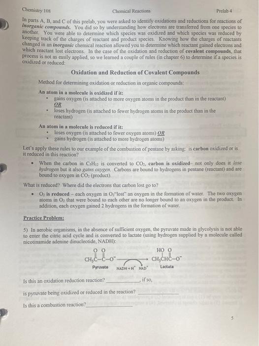 Solved Prelab 4 Chemistry 108 Chemical Reactions PreLab 4