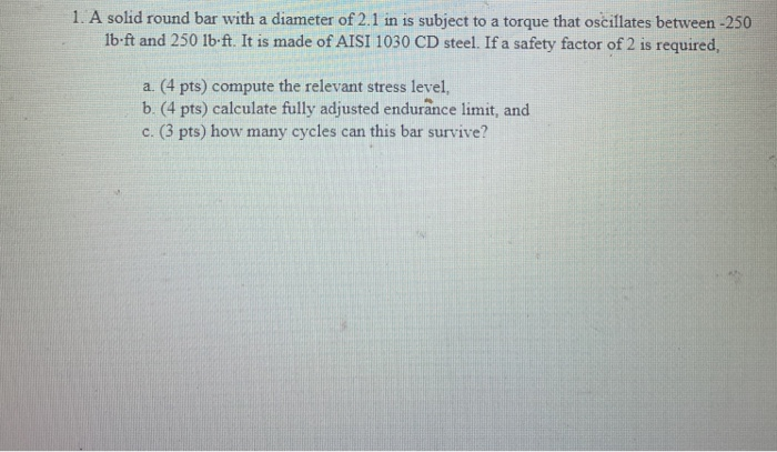 Solved 1. A solid round bar with a diameter of 2.1 in is | Chegg.com