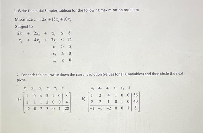Solved 1. Write the initial Simplex tableau for the | Chegg.com
