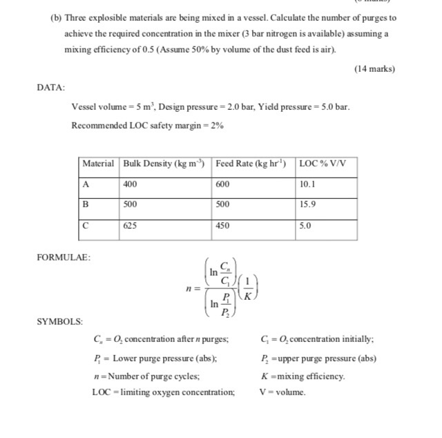 (b) three explosible materials are being mixed in a vessel. calculate the number of purges to achieve the required concentrat