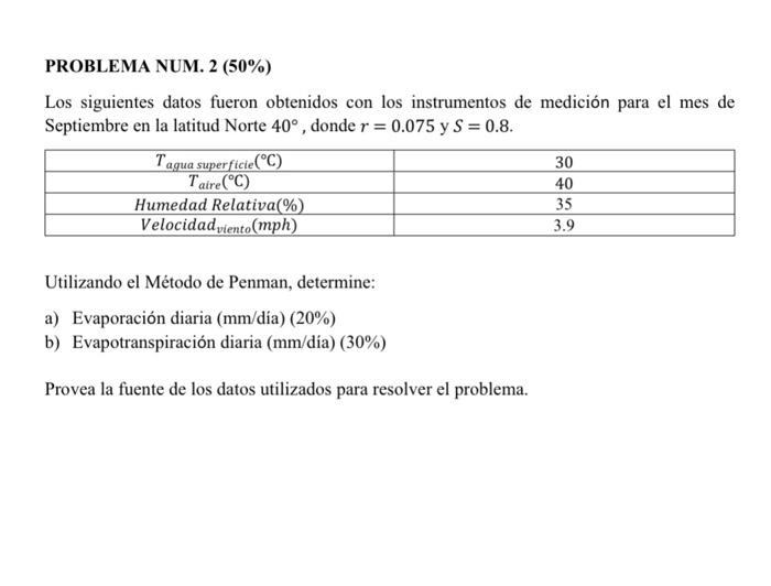 PROBLEMA NUM. 2 (50%) Los siguientes datos fueron obtenidos con los instrumentos de medición para el mes de Septiembre en la