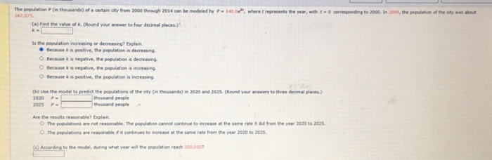 Solved The population in thousands) of a certain city from | Chegg.com