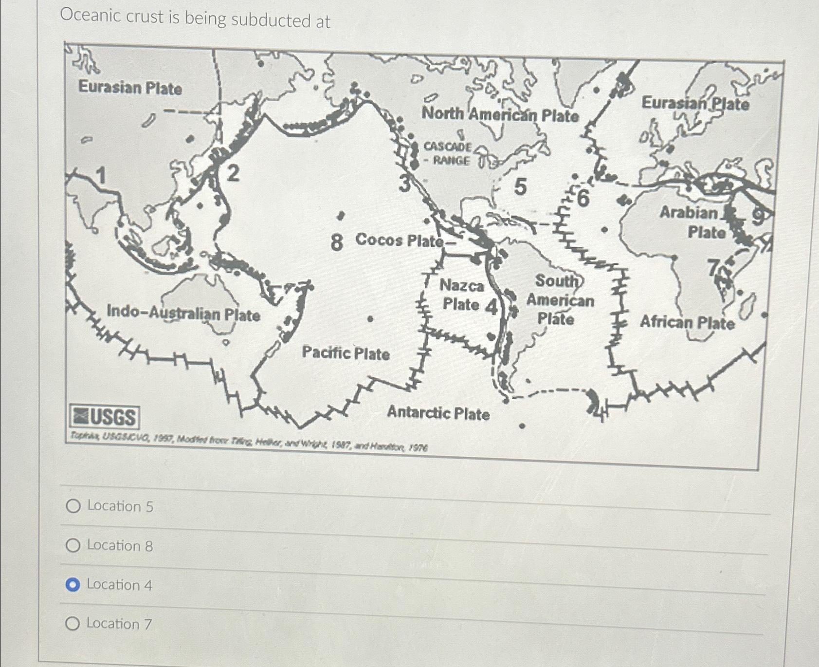 Solved Oceanic crust is being subducted atLocation 5Location | Chegg.com