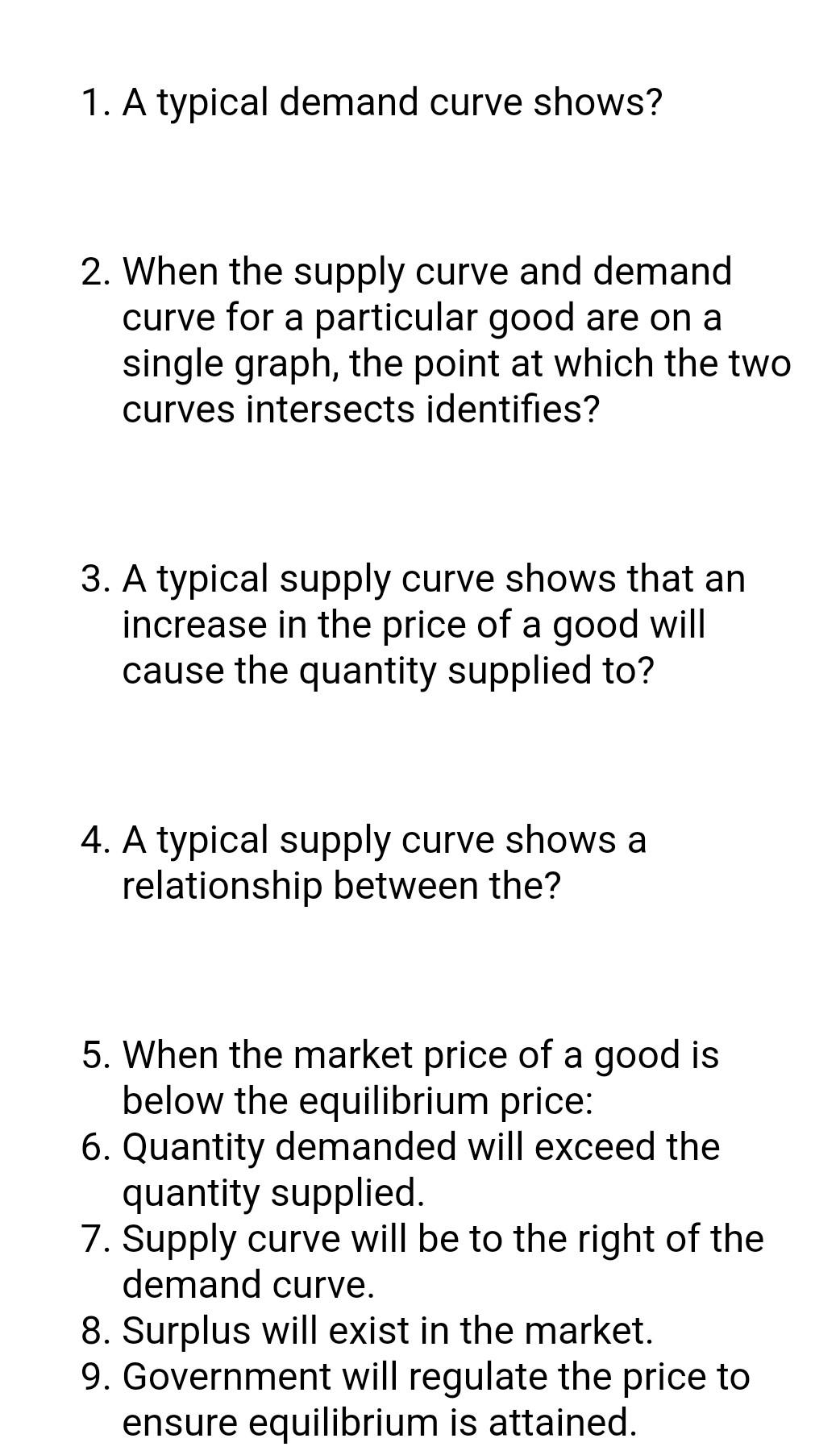 Solved 1. A typical demand curve shows? 2. When the supply
