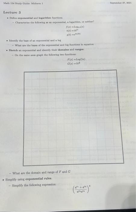 Solved Math 154 Study Guide Midterm 1 September 27, 2021 | Chegg.com
