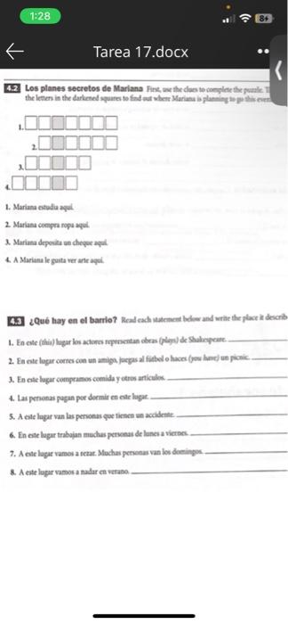 4.2. Los planes secretos de Marlana Fine ac the das to oonplese the puank 1. 1. Mariana estudia aysl. 2. Marianu congra ropu