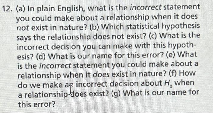 Solved 12. (a) In plain English, what is the incorrect | Chegg.com