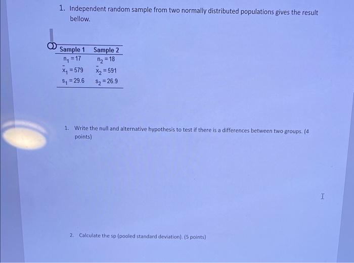 1. Independent random sample from two normally distributed populations gives the result bellow.
1. Write the null and alterna