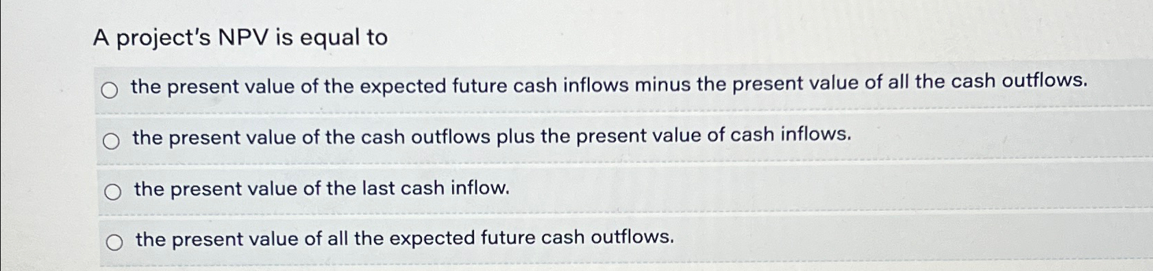 Solved A project's NPV is equal tothe present value of the | Chegg.com