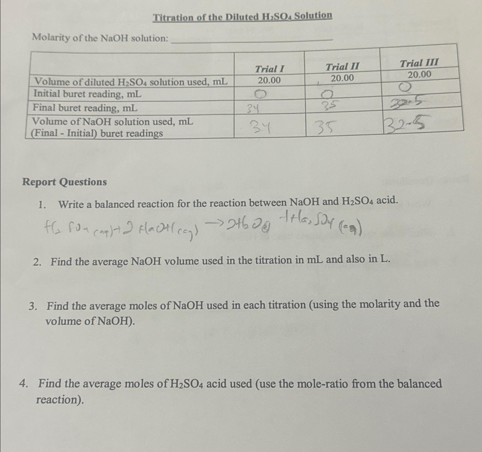 Solved Titration of the Diluted H2SO4 ﻿SolutionMolarity of