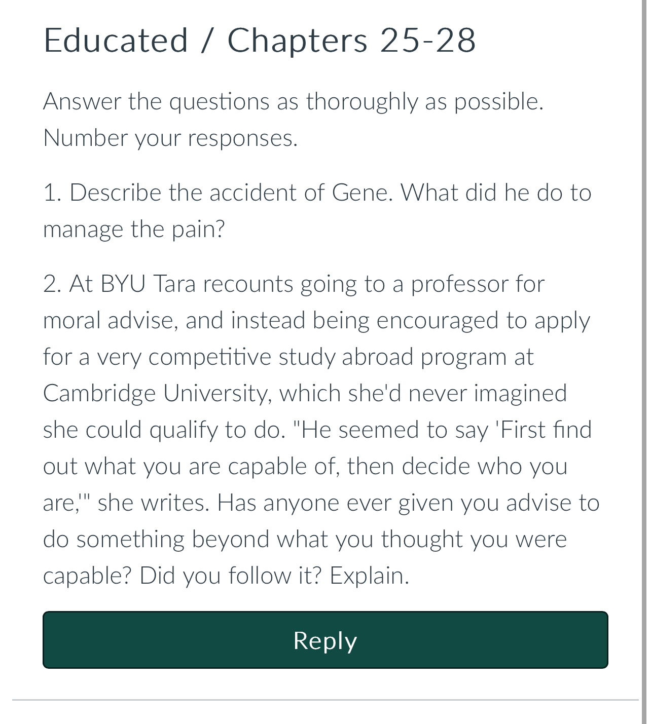 Educated / ﻿Chapters 25-28Answer the questions as | Chegg.com