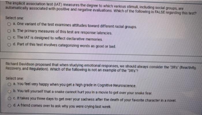 Solved The implicit association test (IAT) measures the | Chegg.com