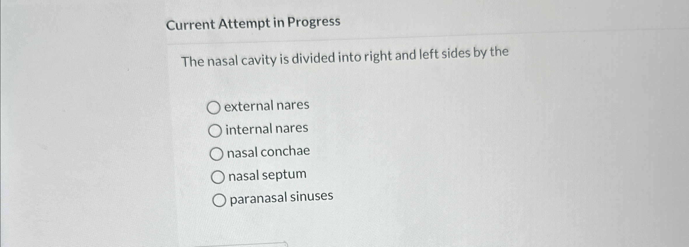 Solved Current Attempt in ProgressThe nasal cavity is | Chegg.com