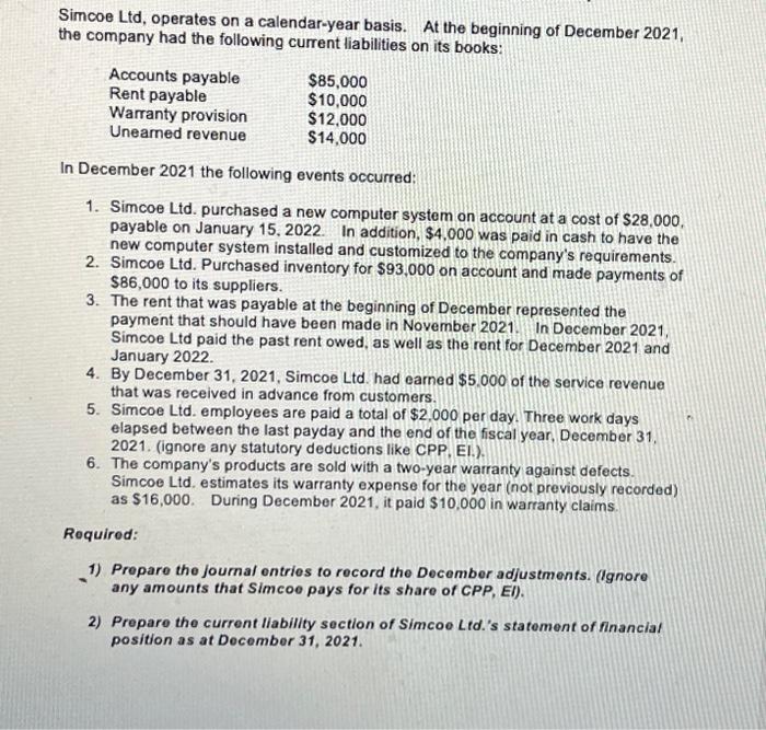 Solved Simcoe Ltd, operates on a calendar-year basis. At the | Chegg.com