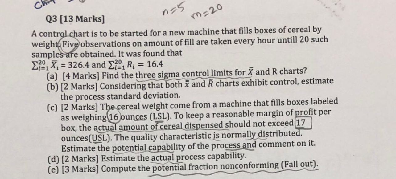 Solved Q3 [13 ﻿Marks]A control chart is to be started for a | Chegg.com
