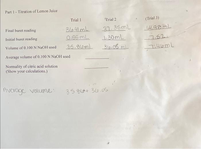 Solved Part 1 Titration of Lemon Juice Trial 1 Trial 2