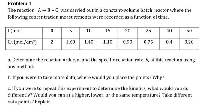 Solved Problem 1 The reaction A→B+C was carried out in a | Chegg.com