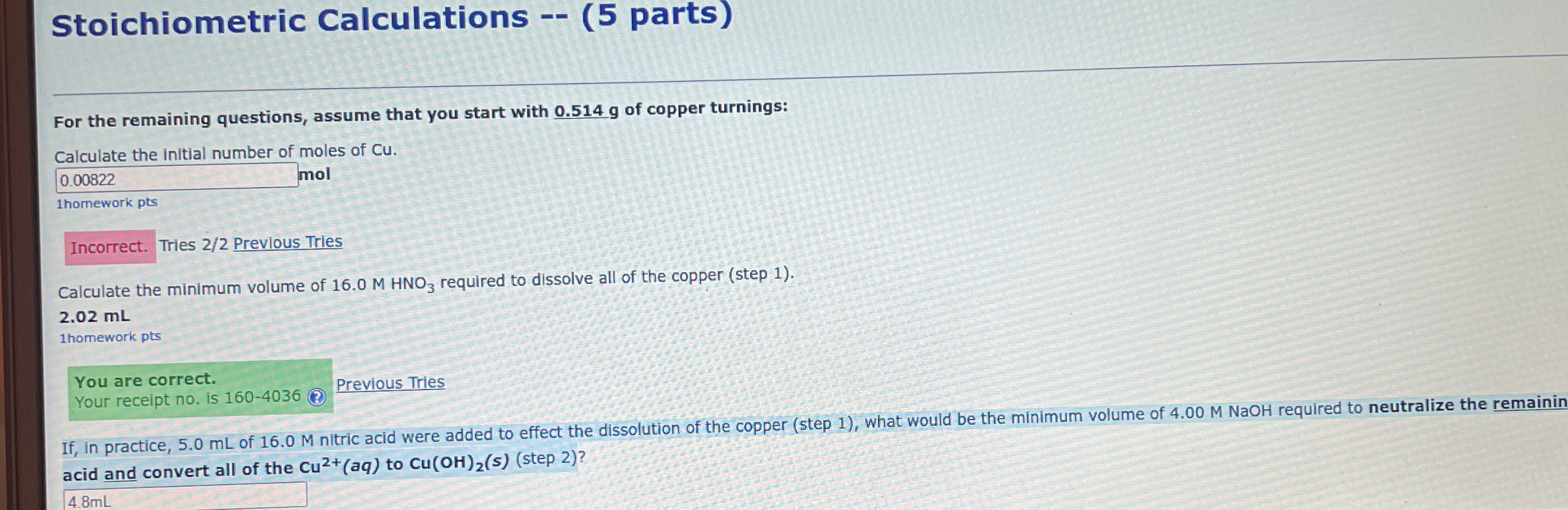 Solved Stoichiometric CalculationsFor the remaining | Chegg.com