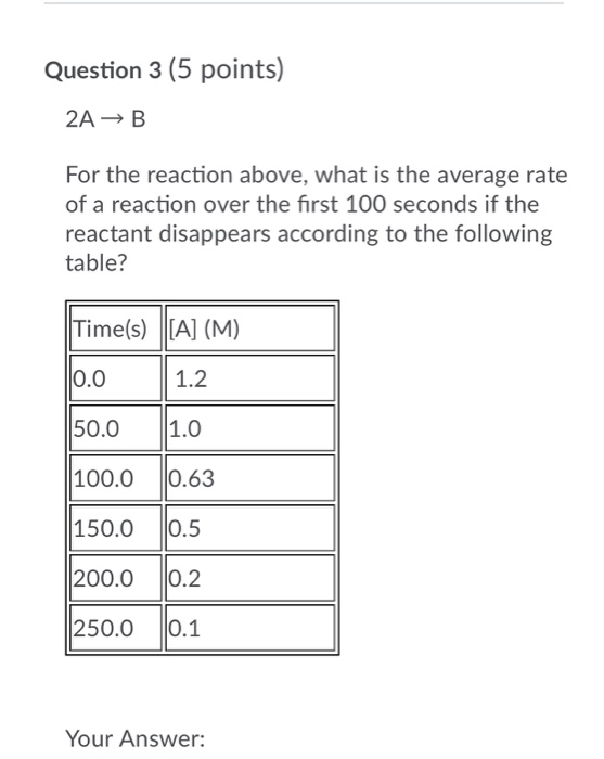 Solved Question 3 (5 points) 2A → B For the reaction above, | Chegg.com