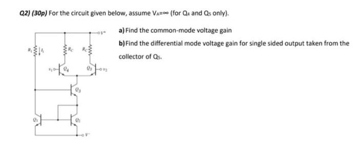 Q2) (30p) For the circuit given below, assume \( V_{A}=\infty \) (for \( Q_{4} \) and \( Q_{s} \) only).
a) Find the common-m