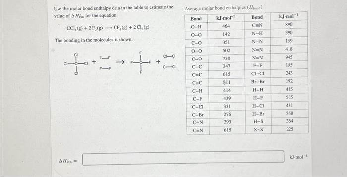 Solved Use the molar bond enthalpy data in the table to | Chegg.com