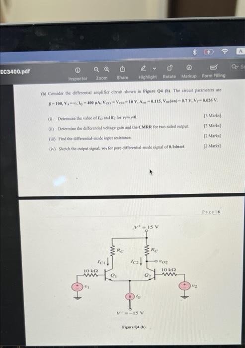 Solved (b) Consider be differential amplifier circoit shown | Chegg.com