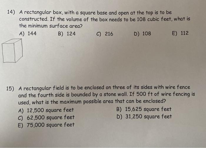 Solved 14) A rectangular box, with a square base and open at | Chegg.com