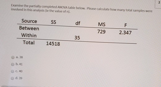Solved 2 Examine the partially completed ANOVA table below. | Chegg.com