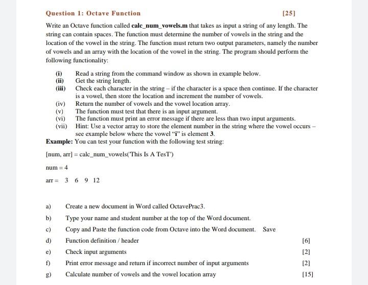 Solved Question 1: Octave Function [25] Write an Octave | Chegg.com