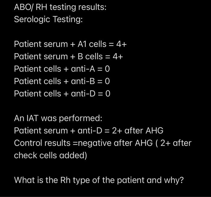 Solved ABO/RH Testing Results: Serologic Testing: Patient | Chegg.com