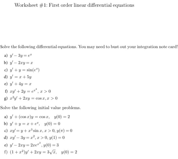 Solved Worksheet 1 First Order Linear Differential 7891