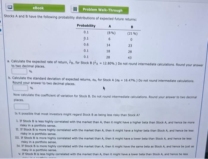 Solved Stocks A And B Have The Following Probability | Chegg.com