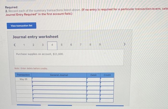Required:
2. Record each of the summary transactions listed above. (If no entry is required for a porticular transaction/even