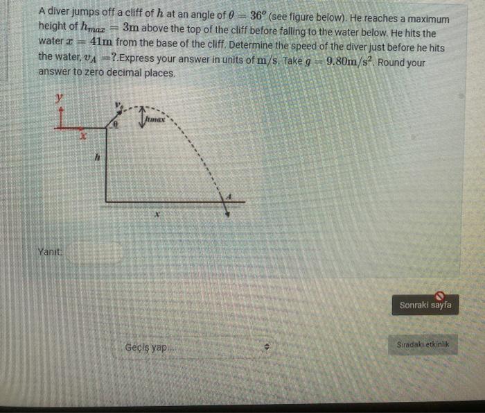 Solved A Diver Jumps Off A Cliff Of H At An Angle Of θ36∘