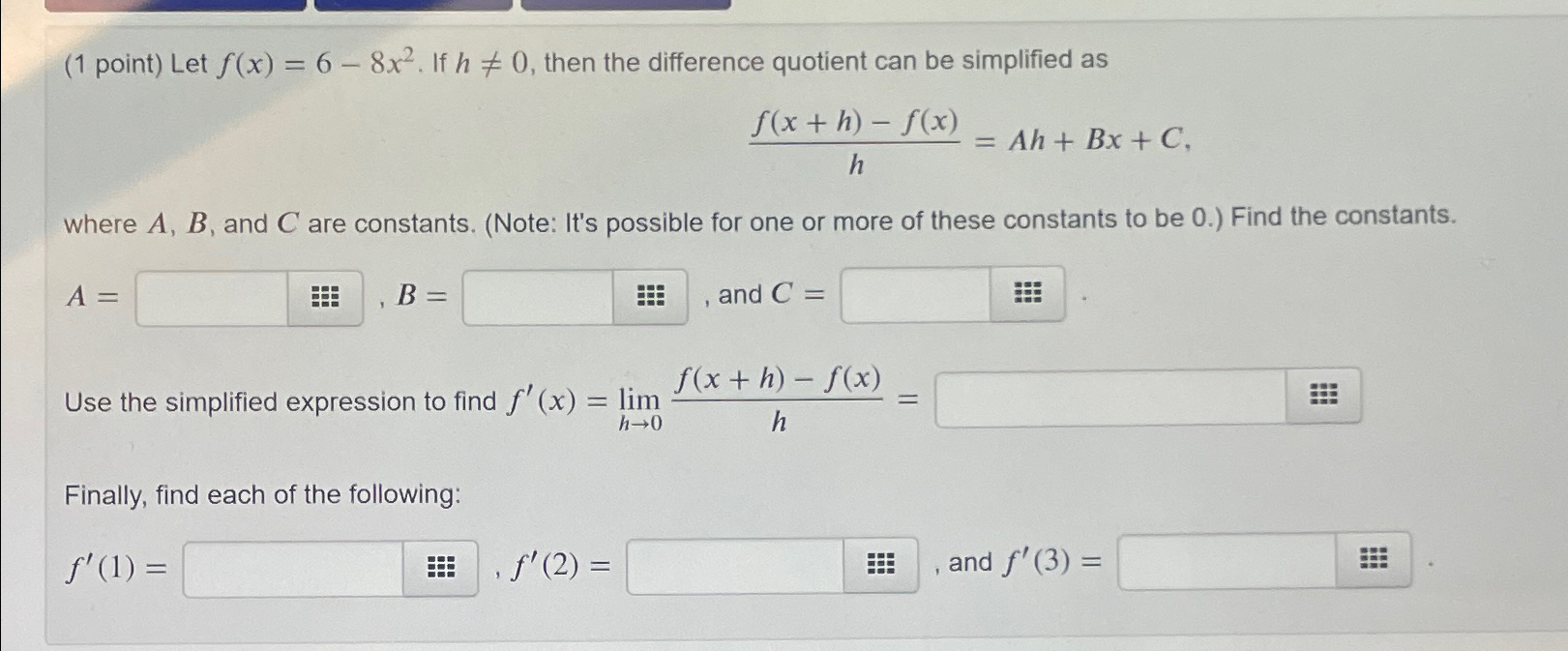 Solved 1 ﻿point ﻿let F X 6 8x2 ﻿if H≠0 ﻿then The