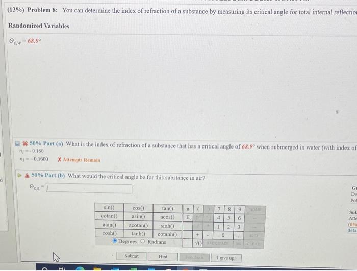 Solved (13\%) Problem 8: You Can Determine The Index Of | Chegg.com