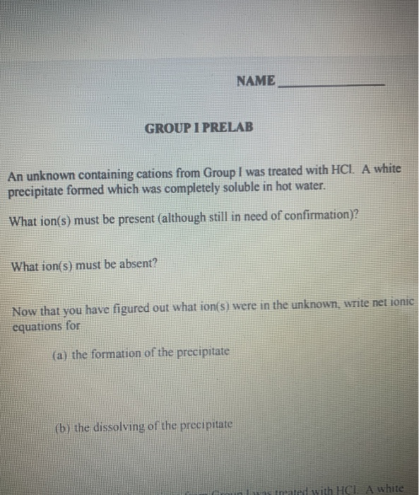 Solved NAME GROUP I PRELAB An unknown containing cations | Chegg.com