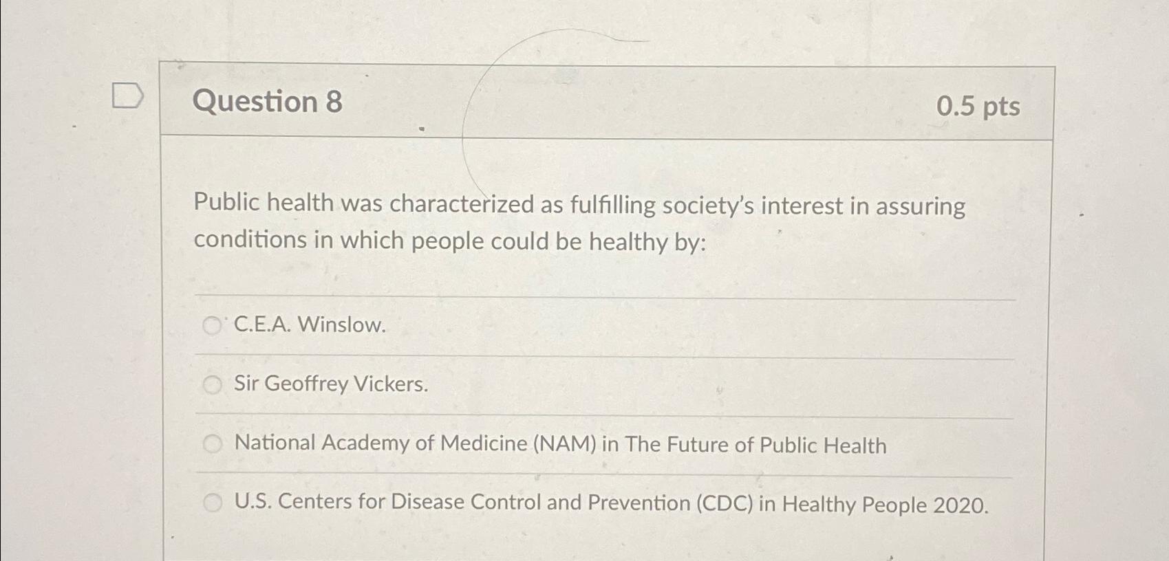 Solved Question 80.5ptsPublic health was characterized as | Chegg.com