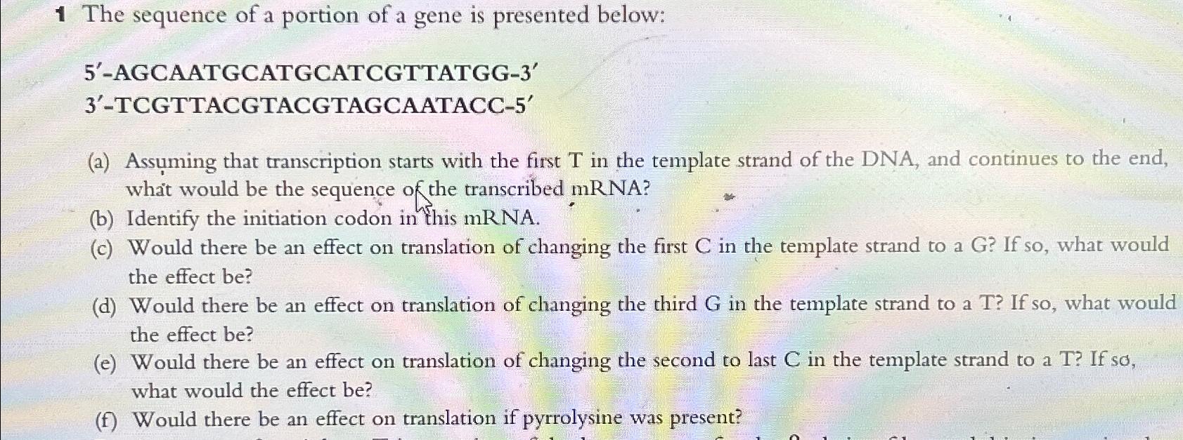 Solved 1 ﻿The sequence of a portion of a gene is presented | Chegg.com