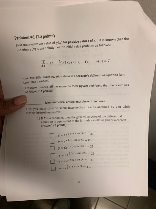 Solved Problem #1 (20 points) Find the maximum value of y(x) | Chegg.com