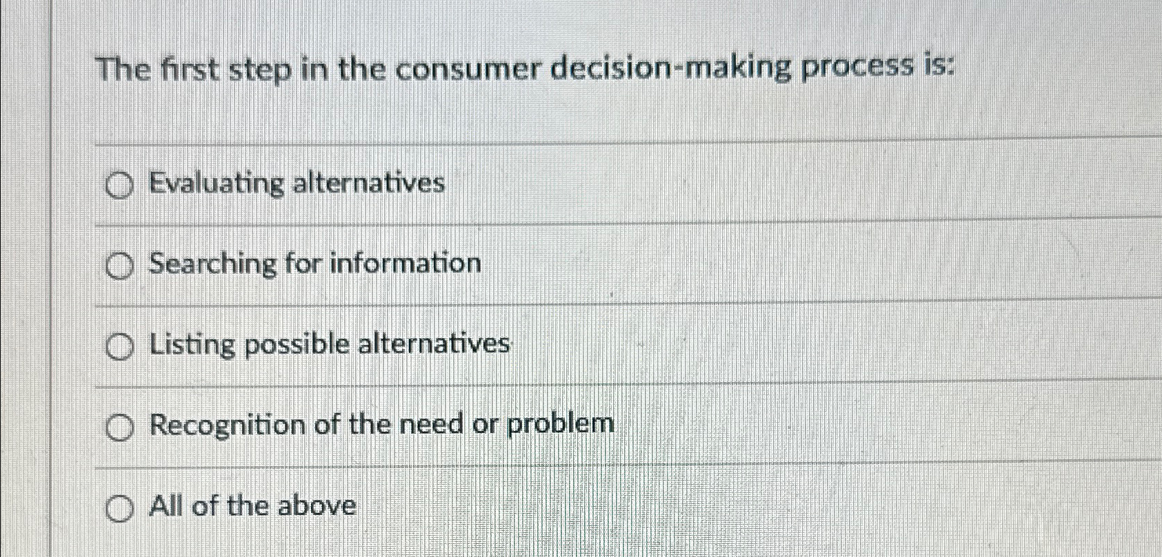 Solved The first step in the consumer decision-making | Chegg.com
