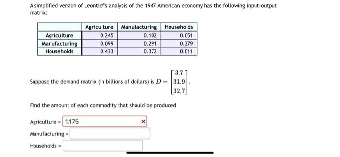 Solved A Simplified Version Of Leontief's Analysis Of The | Chegg.com