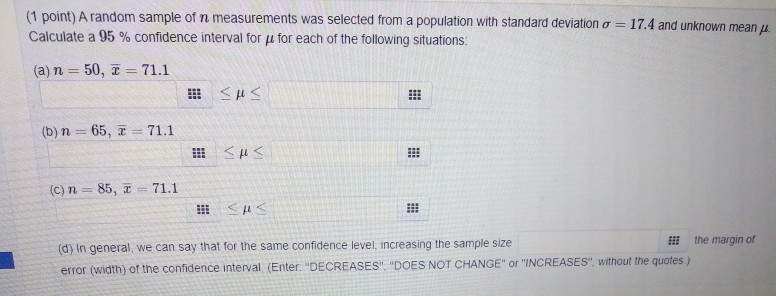 Solved (1 point) A random sample of n measurements was | Chegg.com