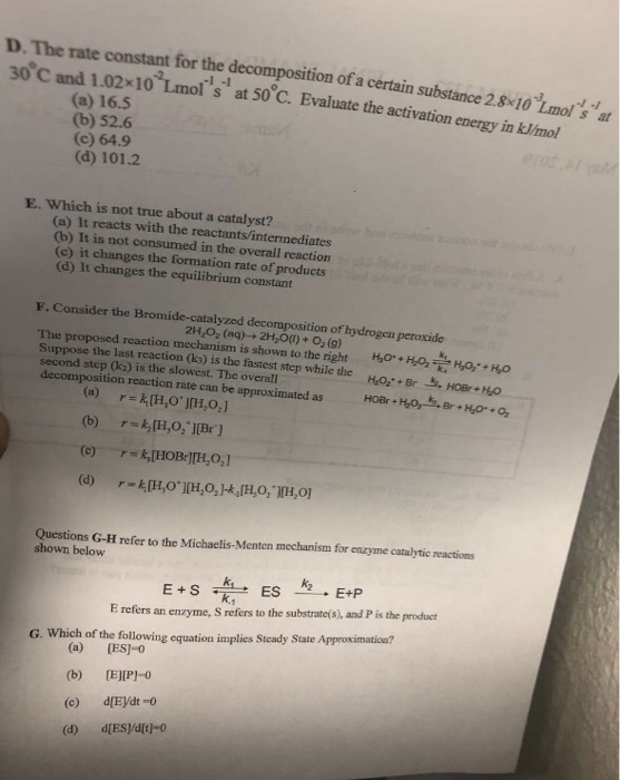 Solved D. The rate constant for the decomposition of a | Chegg.com