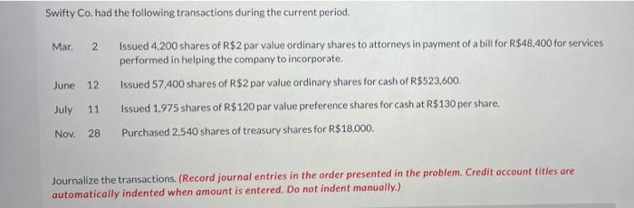 Solved Swifty Co. had the following transactions during the | Chegg.com
